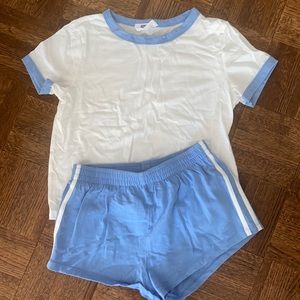 Blue and white knit shorts set